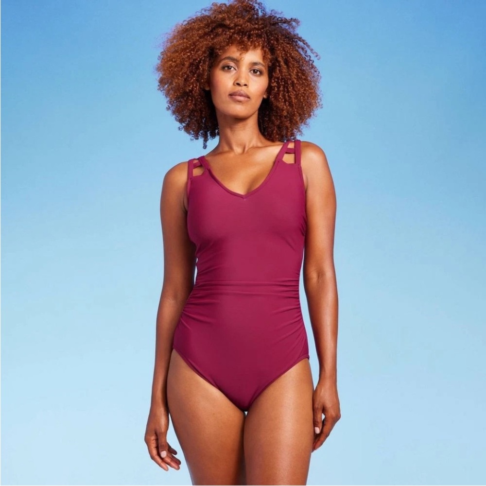 Aqua Green Women’s One-Piece Swimsuit, Dark Red, Size Medium